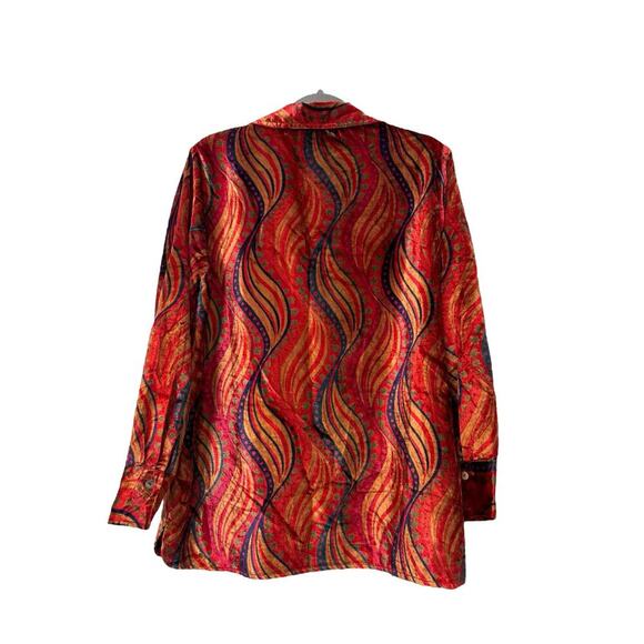 Tru Luxe Jeans Boho Velvet Blouse M Red Gold Wavy Pattern Long Sleeve Tunic Top - Picture 4 of 7